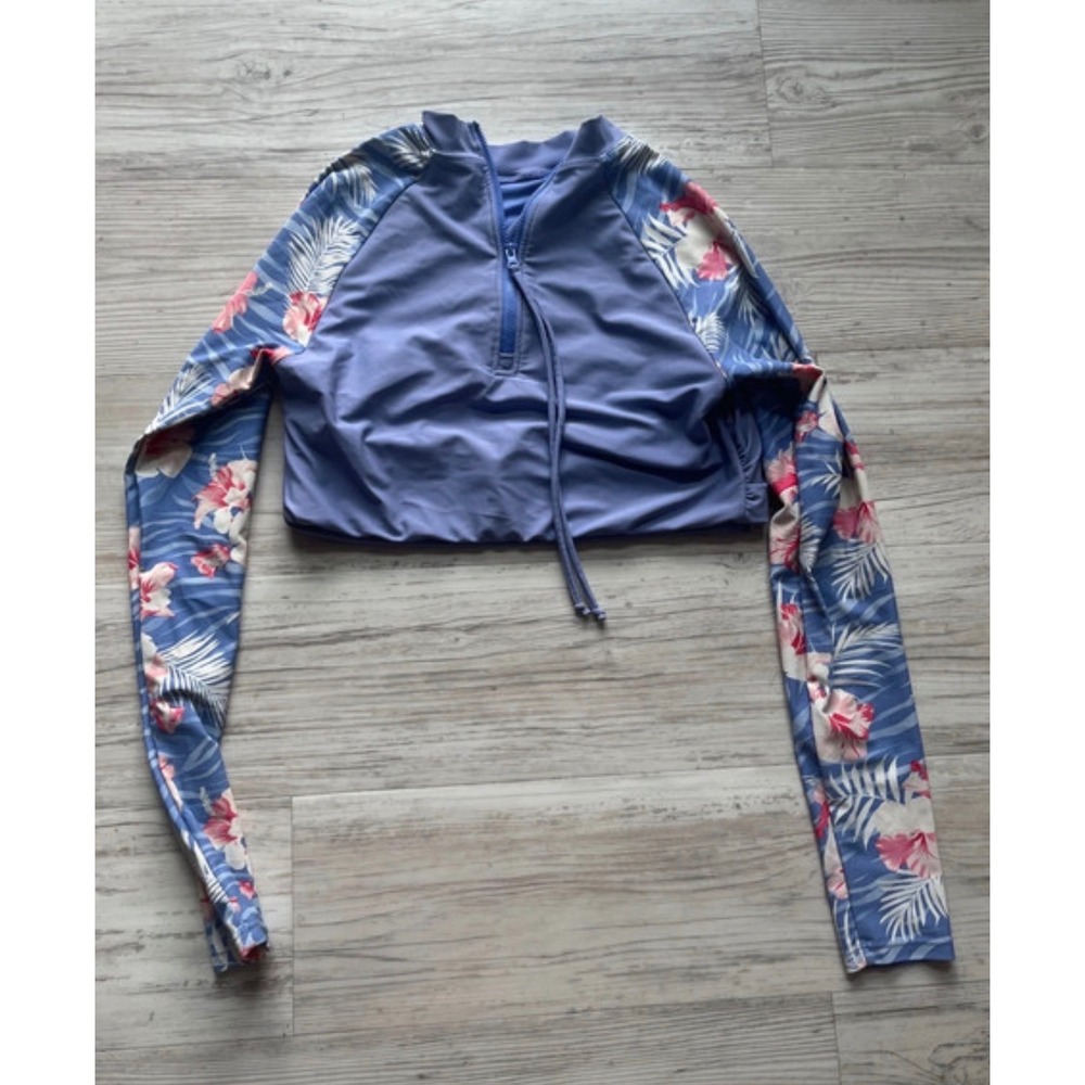 Laguna Girls Blue Floral Long Sleeve Cropped Rash Guard Swim Top Size M 8-10